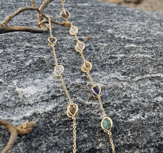 Armband med råa kristaller och äkta silver aventurin, rosenkvarts, ametist, bergskristall, rökkvarts och citrin