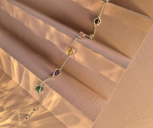 Armband med olika kristaller av bergskristall, rosenkvarts, rökkvarts, ametist, citrin och aventurin