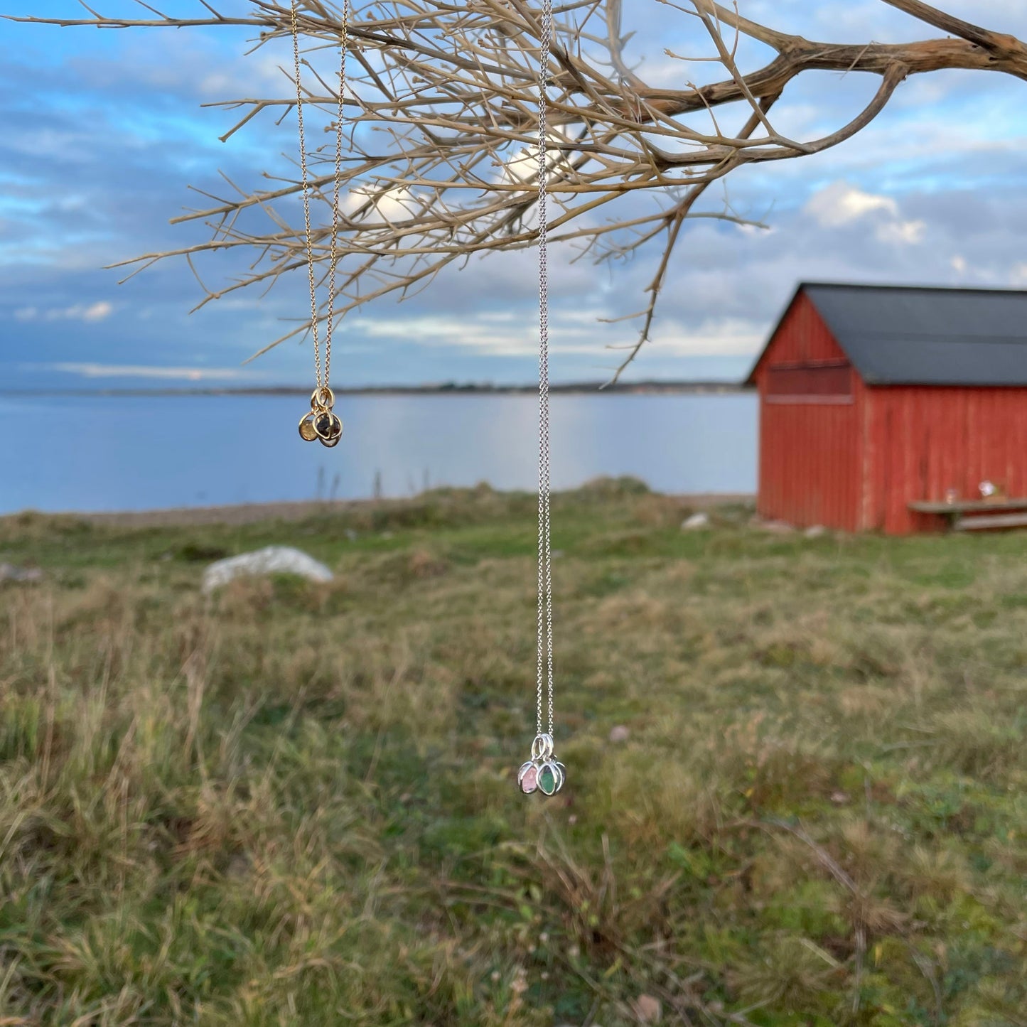 Kombinationer av halsband i guld och silver med hängen med rå kristall vid en röd stuga på en strand